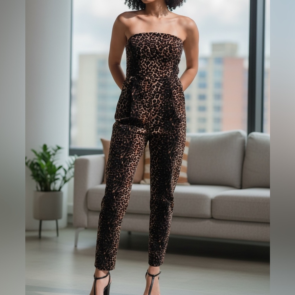 RACHEL COMEY Leopard Corduroy Strapless Jumpsuit – Size 12